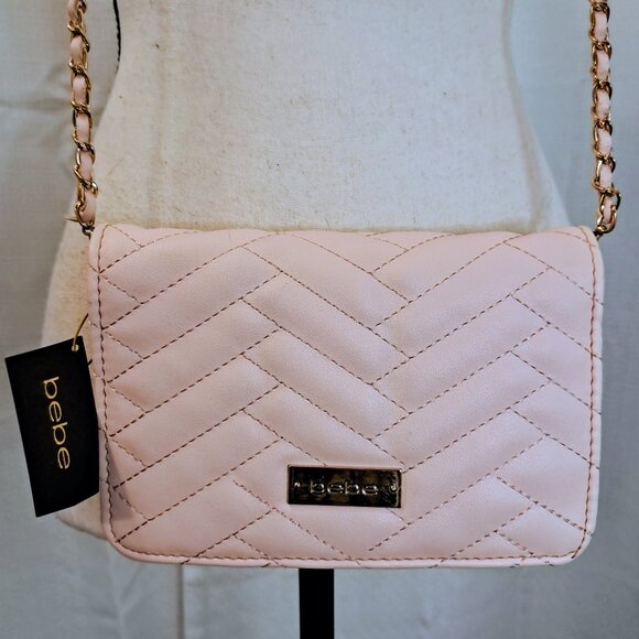 NWT Bebe 'Sophia' Quilted Chevron Pastel Blush Gold Metal Crossbody Purse - Picture 1 of 11